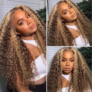 Julia Hair $99 Get 22 Inches Affordable Ombre Highlight Jerry Curly 13x5 T Middle Part Lace Front Wigs Bouncy 100% Virgin Human Hair Wigs Flash Sale
