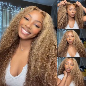 Julia Hair Affordable Honey Blonde Highlights 4x4 Lace Closure /13x4 Lace Front Wig 150% Density Jerry Curly Transparent Lace Human Hair Wigs Flash Sale