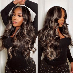 Julia Hair 13x4 Chocolate Brown With Blonde Highlights Lace Frontal Wigs Kinky Curly / Body Wave Wig 150% Density Flash Sale